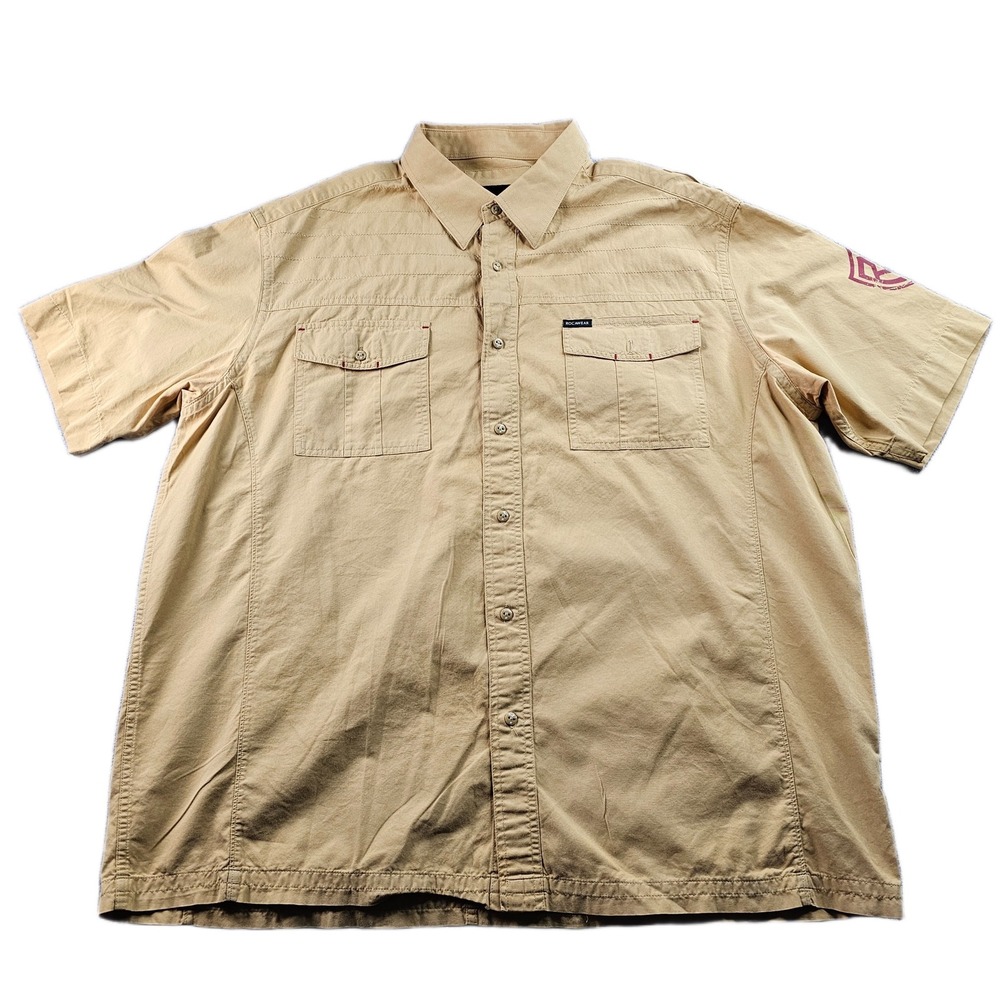 Rocawear Shirt Men 2XL Beige Flap Pocket Utility Short Sleeve Collared Button Up